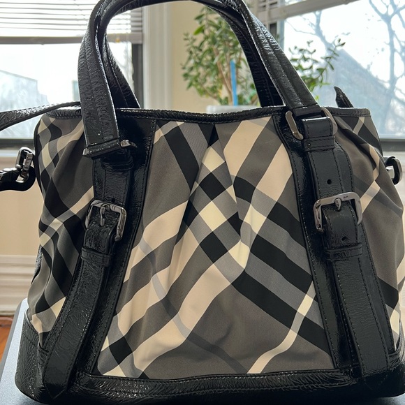 Authentic Burberry Patent Leather Beat Check Black Nylon Tote Bag